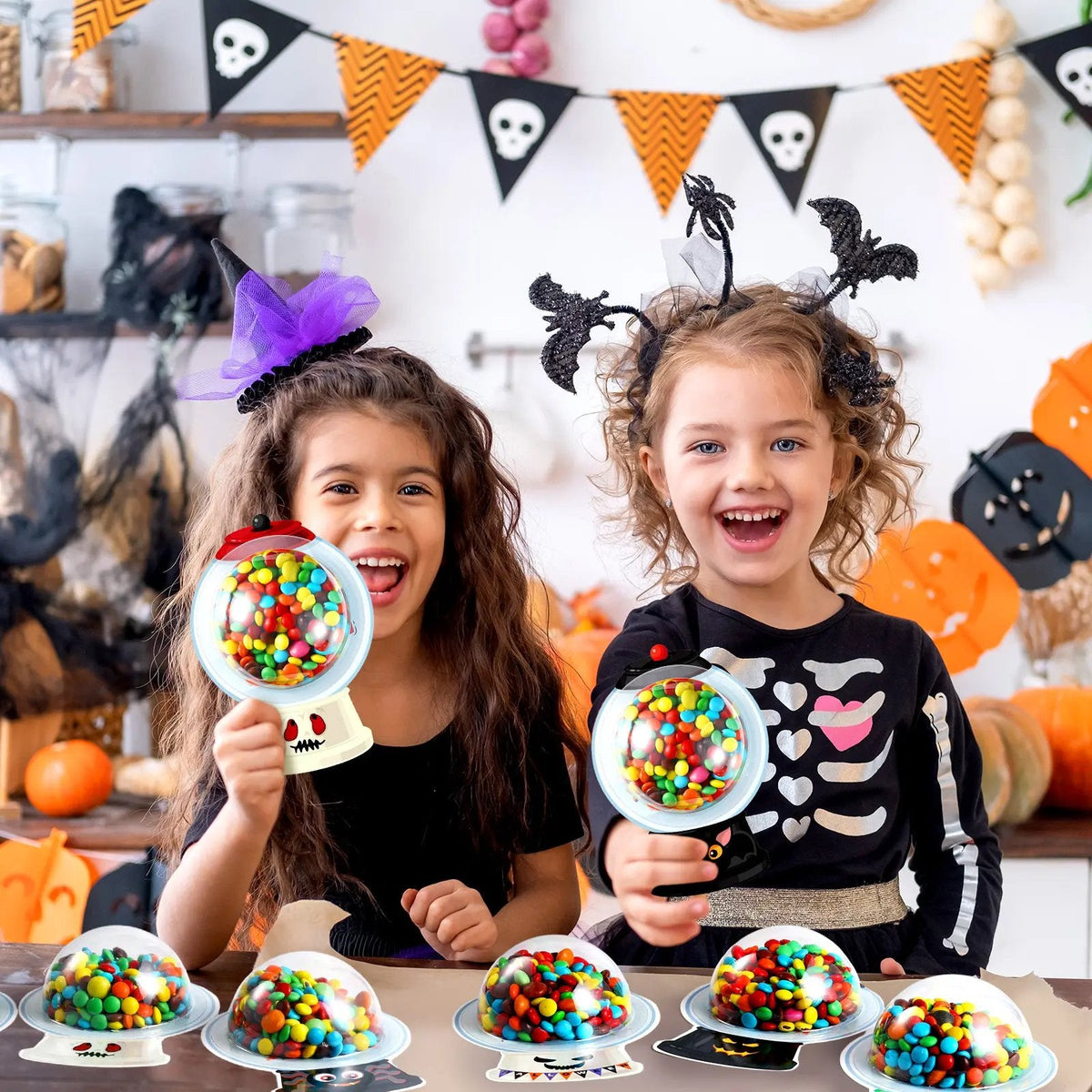 Halloween Candy Dome Holder Kit – 24/48 Pack DIY Trick-or-Treat Treat Cards with Clear Candy Domes & Stickers