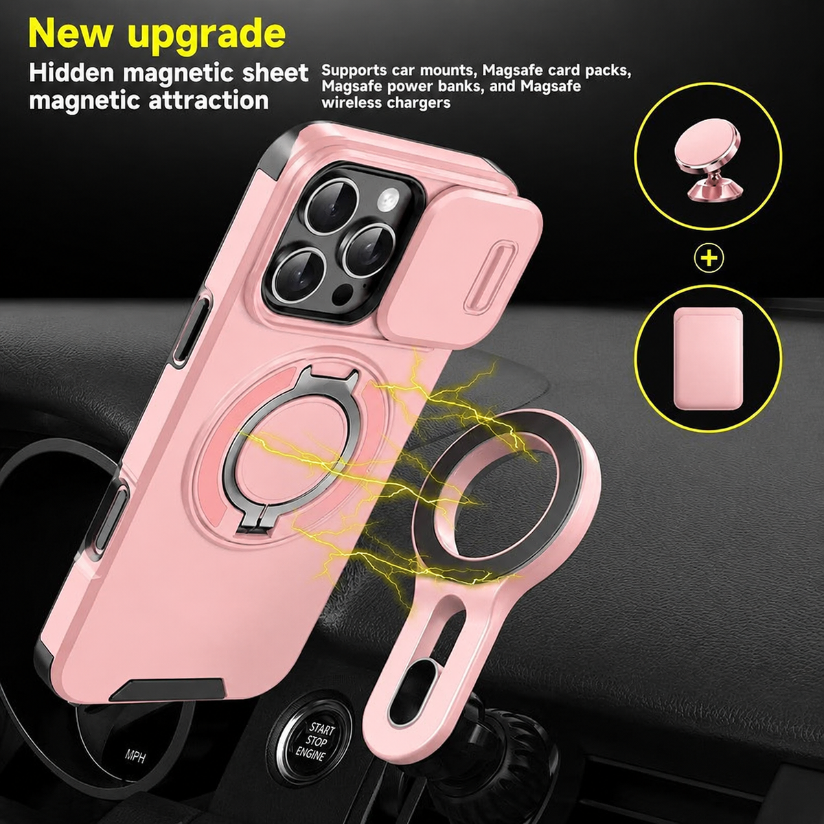 Case with Slide Camera Cover & Rotatable Ring Kickstand, Grade Shockproof Protective Case for iPhone