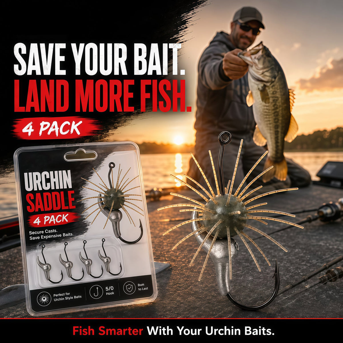 Urchin Saddle Fishing Rig – 4 Pack 🎣 Bait-Saving 5/0 Hook System with Adjustable Sink Rate