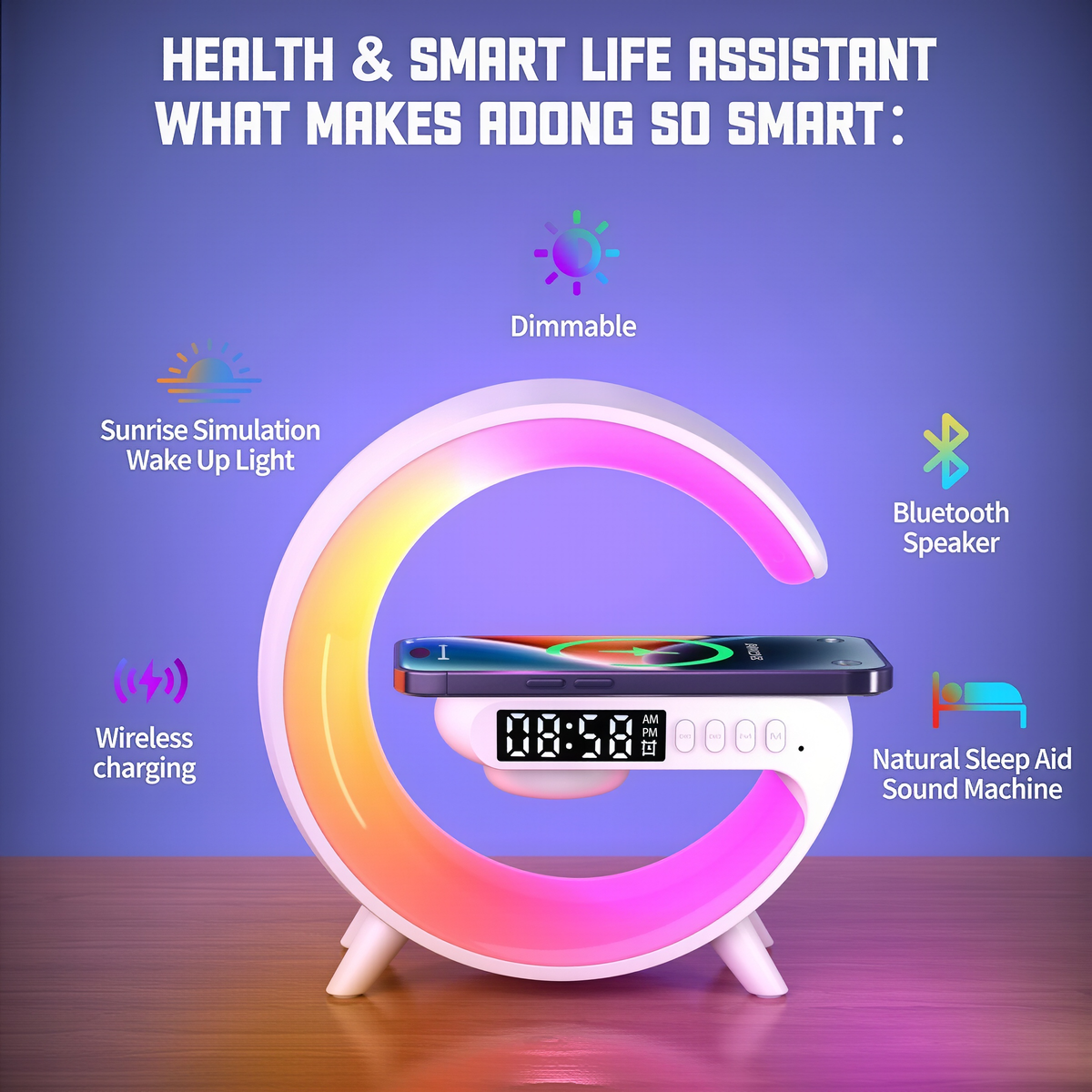 🔥Multifunctional Bluetooth Speaker-Colorful Atmosphere Light Wireless Charging and Clock All-in-one Machine