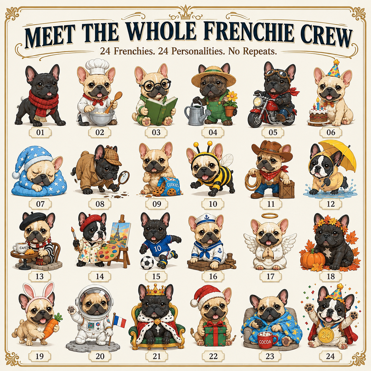 🐶 French Bulldog-Themed 24-Day Christmas Countdown Calendar | 24 unique, collectible Frenchie figurines—each with its own distinct pose and personality—delivering a festive surprise every day 🎄✨ Flat acrylic version