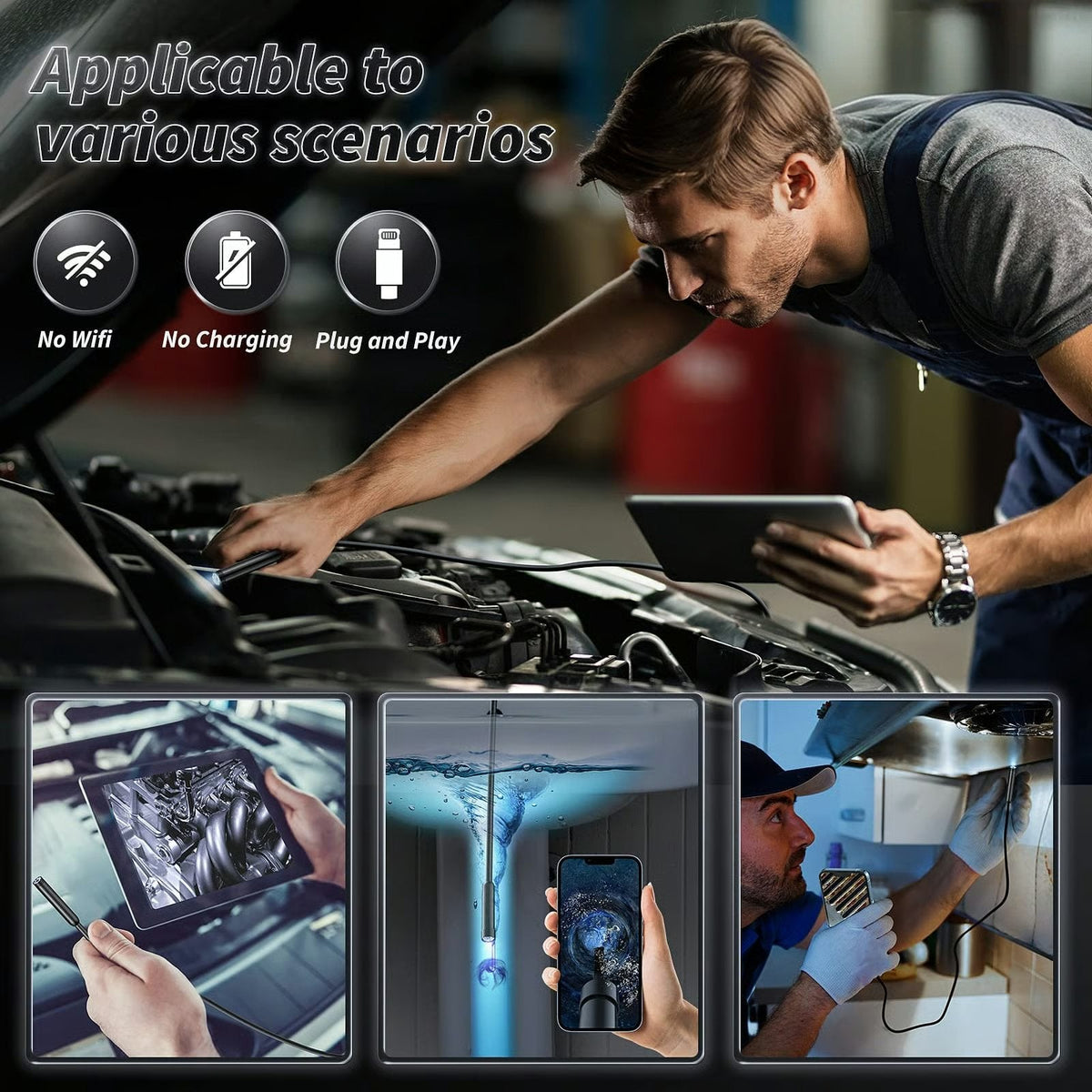 🔎 Plug-and-play endoscope camera – Compatible with Android, iPhone and iPad for direct connection