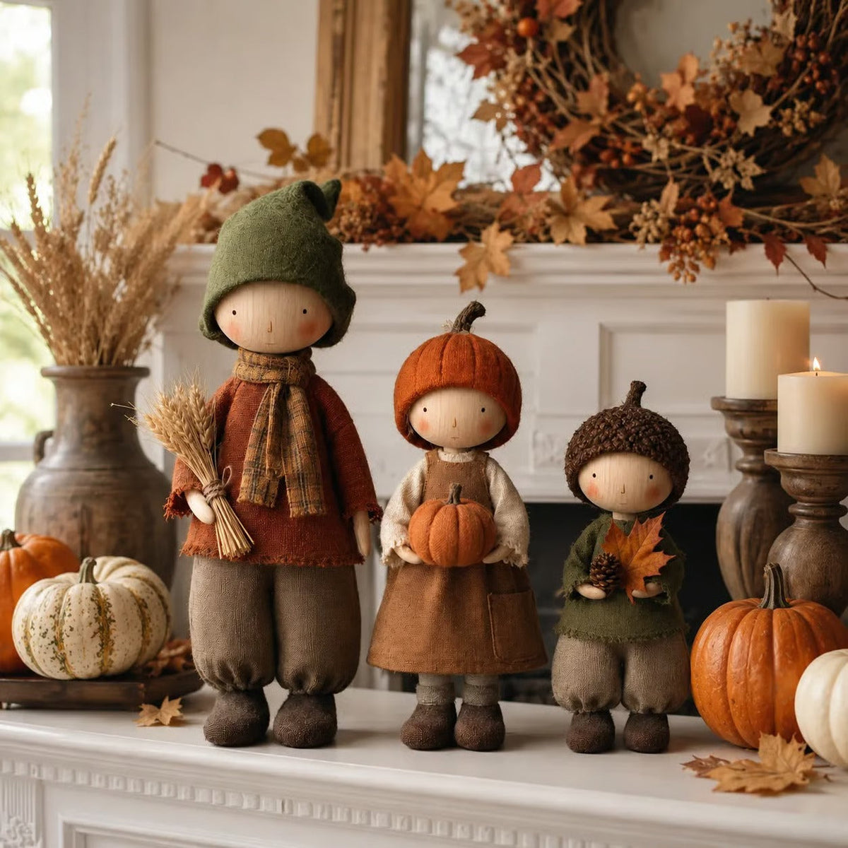 🍁Set of 3 Rustic Fall Harvest Doll Figurines