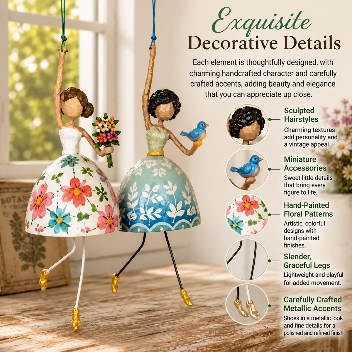 🌸 Hand-painted Hanging Ornament "Dancing Lady" – Playful Folk Art That Comes to Life | Handcrafted Floral Bell Skirt, Wire Legs and Little Songbird Charm