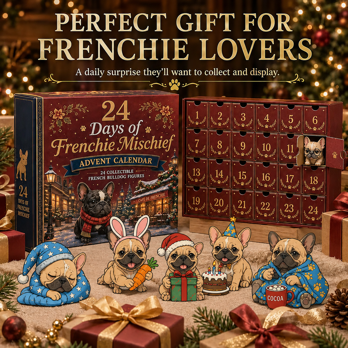 🐶 French Bulldog-Themed 24-Day Christmas Countdown Calendar | 24 unique, collectible Frenchie figurines—each with its own distinct pose and personality—delivering a festive surprise every day 🎄✨ Flat acrylic version