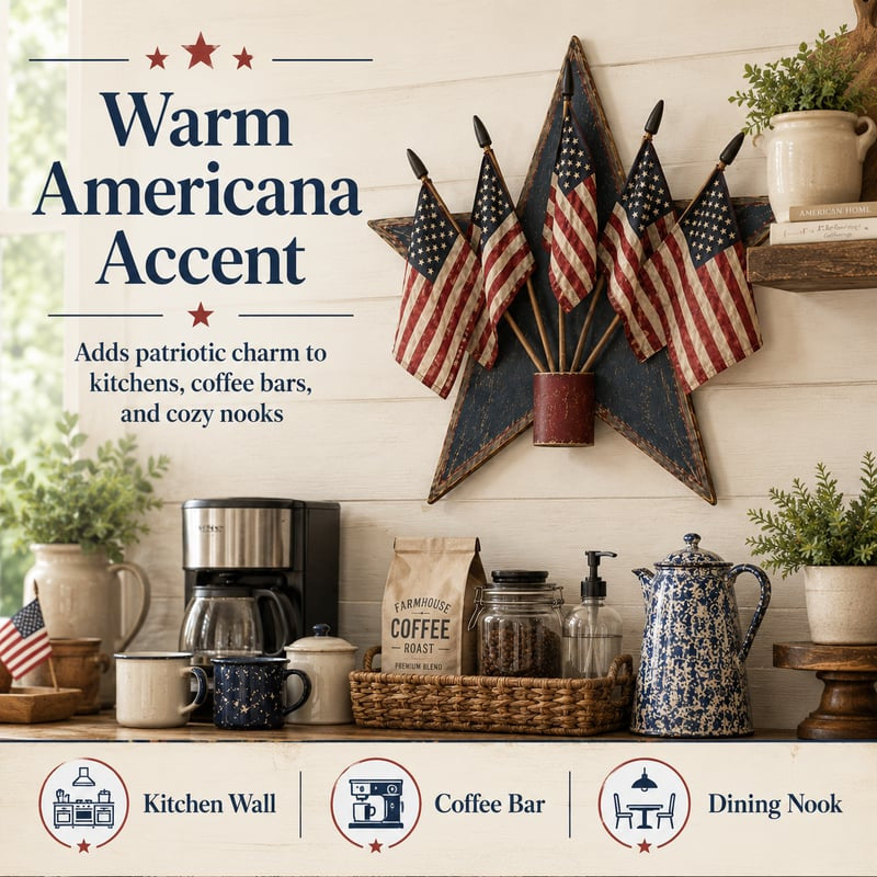 Rustic Wooden Patriotic Star Wall Decor with 5 American Flags