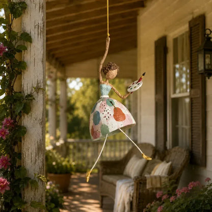 🌸 Hand-painted Hanging Ornament "Dancing Lady" – Playful Folk Art That Comes to Life | Handcrafted Floral Bell Skirt, Wire Legs and Little Songbird Charm