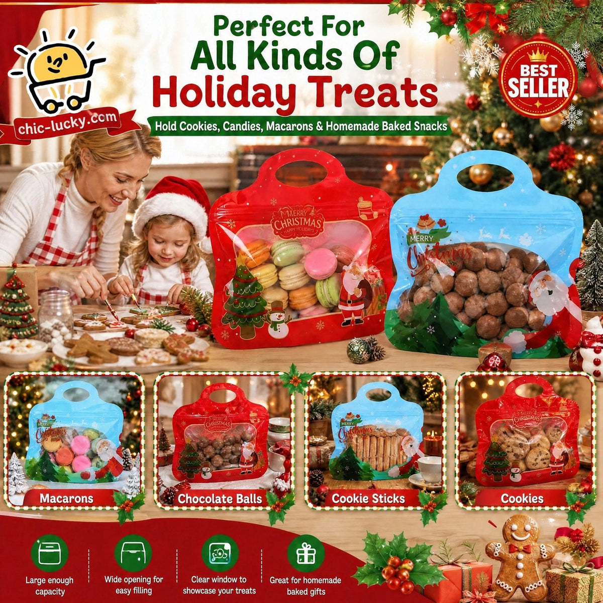 🎁Easy Fill, Easy Seal🎄 Festive Self-Seal Treat Bags – Santa & Snowman Print 💖 Resealable, Food-Safe & Perfect for Cookies, Chocolates & Little Gifts 🎅⛄