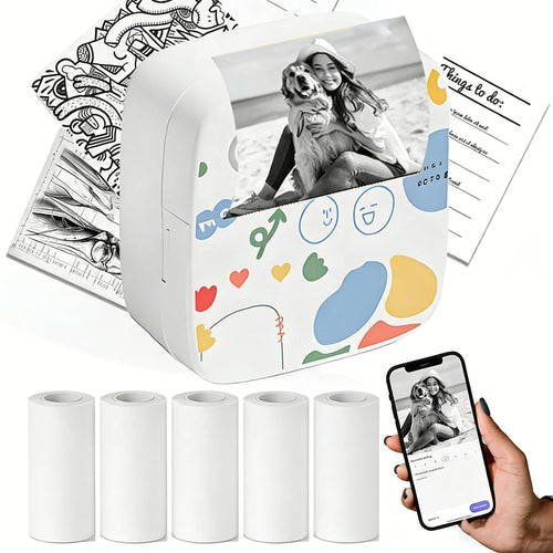 💥Mini Portable Sticker Printer with 5 Rolls Paper
