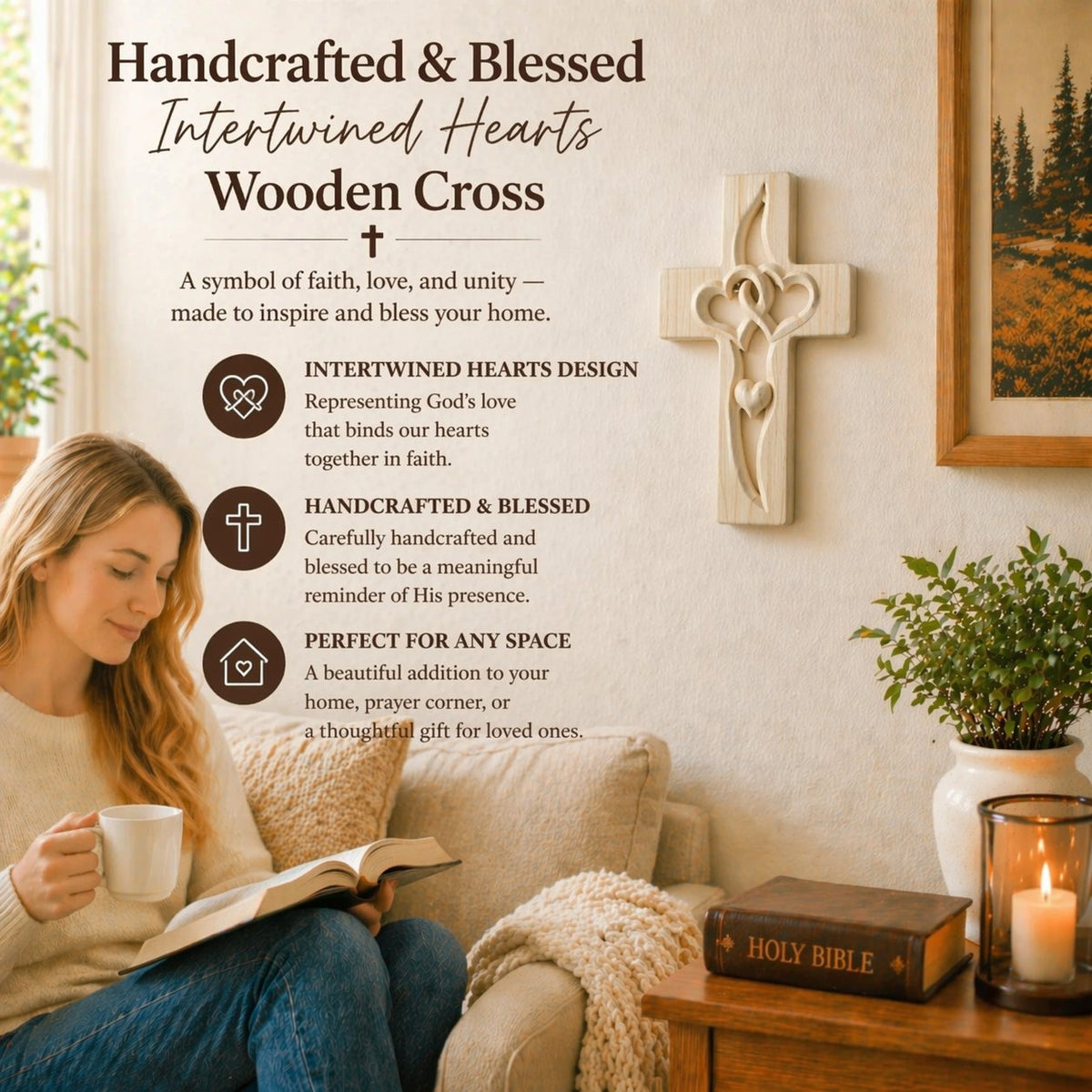 ✝️ Handcrafted & Blessed Intertwined Hearts Wooden Cross – Spiritual Unity & Love 🔥