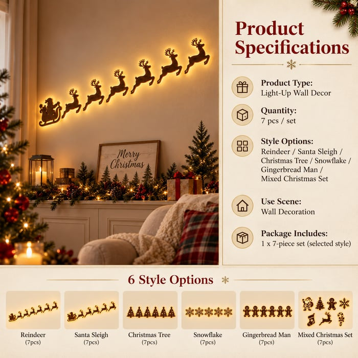 🎄Light‑Up Christmas Wall Decor, 7‑Piece Decoration Set, 6 Design Options