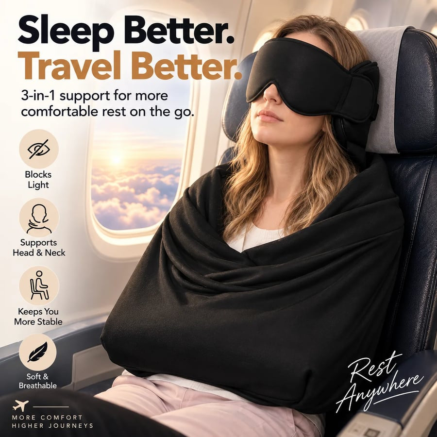 ✈️ 3-in-1 Travel Sleep Support – Blackout Eye Mask & Head Support